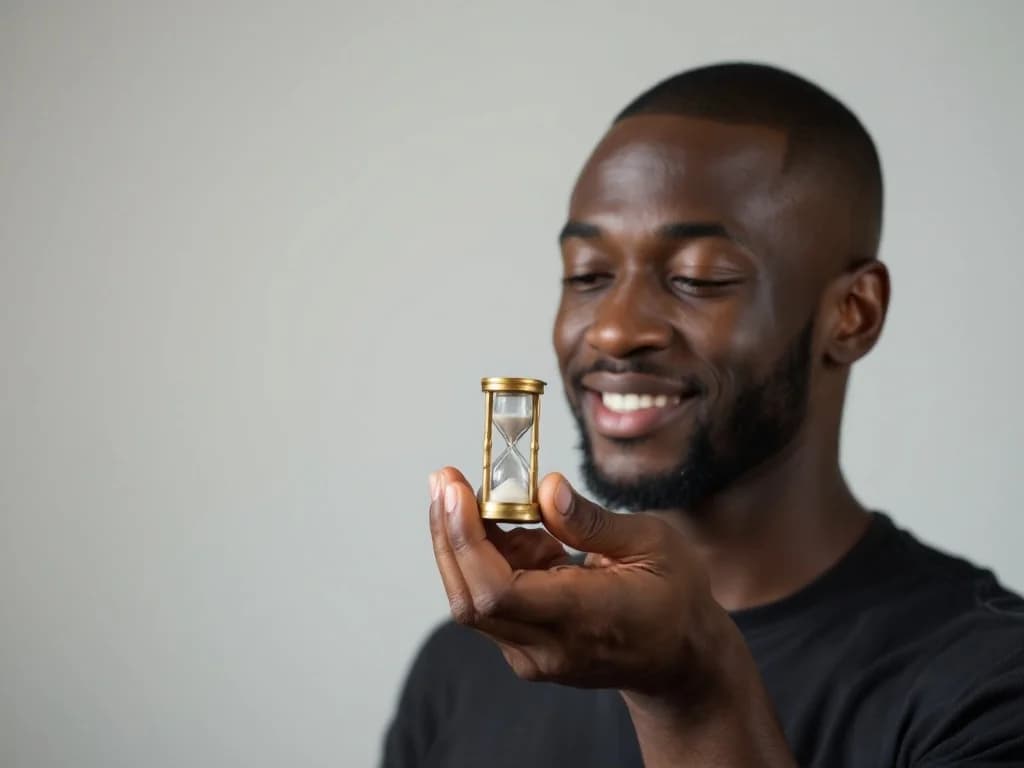 Hand holding a brass hourglass against a charcoal backdrop, metaphor for send-time strategy. Cover for the Block & Chisel campaign-performance case study.