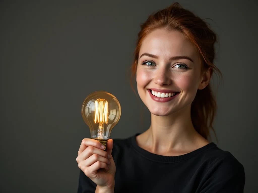 Editorial portrait of a woman holding a glowing filament lightbulb in a softly lit studio, metaphor for the moment a familiar channel reveals a fresh idea. Cover for the 'Email isn't dead' perspective piece.